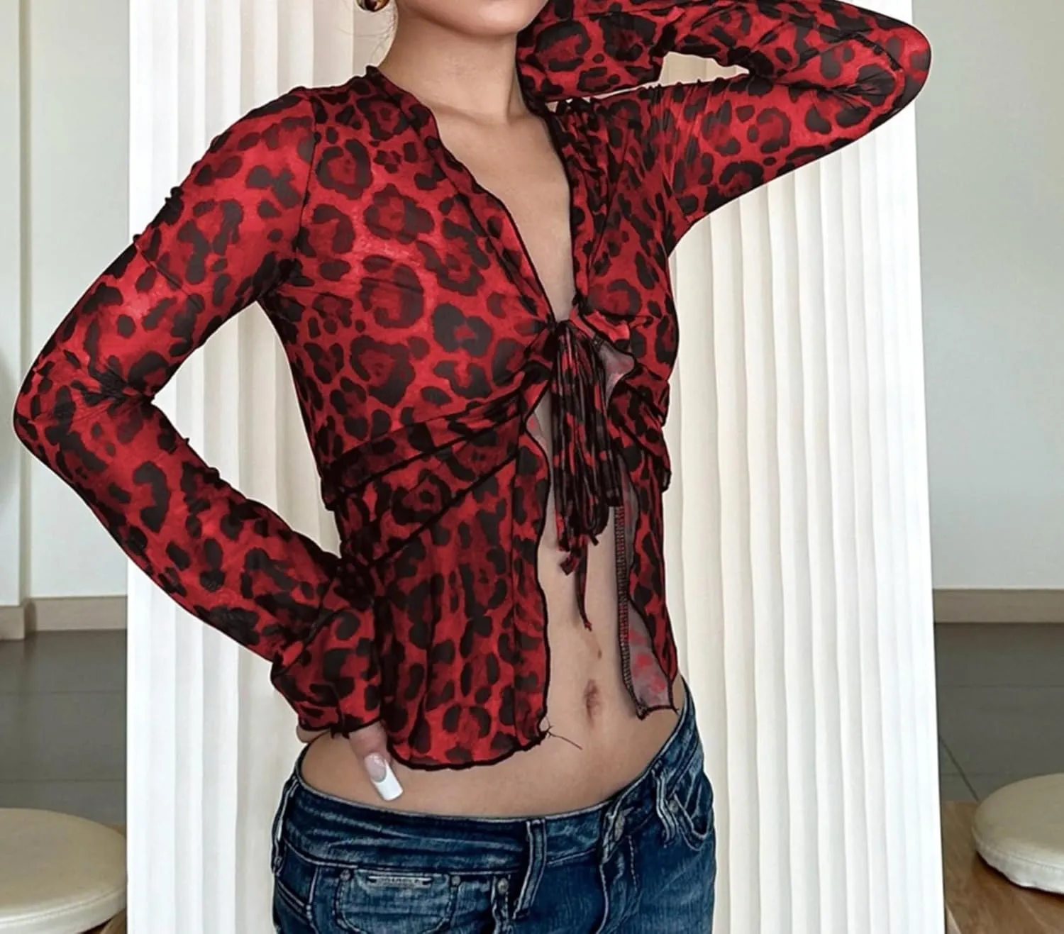 See Through Top Leopard Cardigan Sheer Mesh Bell Sleeve Crop Tops Cheetah Y2K V Neck Ruffle Tie Front Blouse Shirts