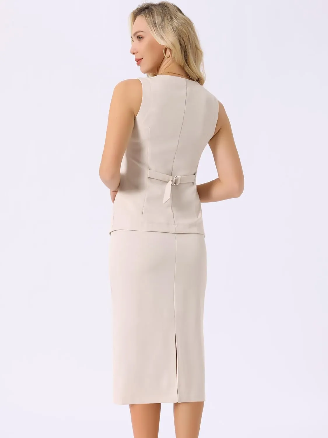 Seta T Women's Summer 2 Piece Suit Skirt Set Business Work Set Button Down Sleeveless Vest Blazer and Pencil Skirt
