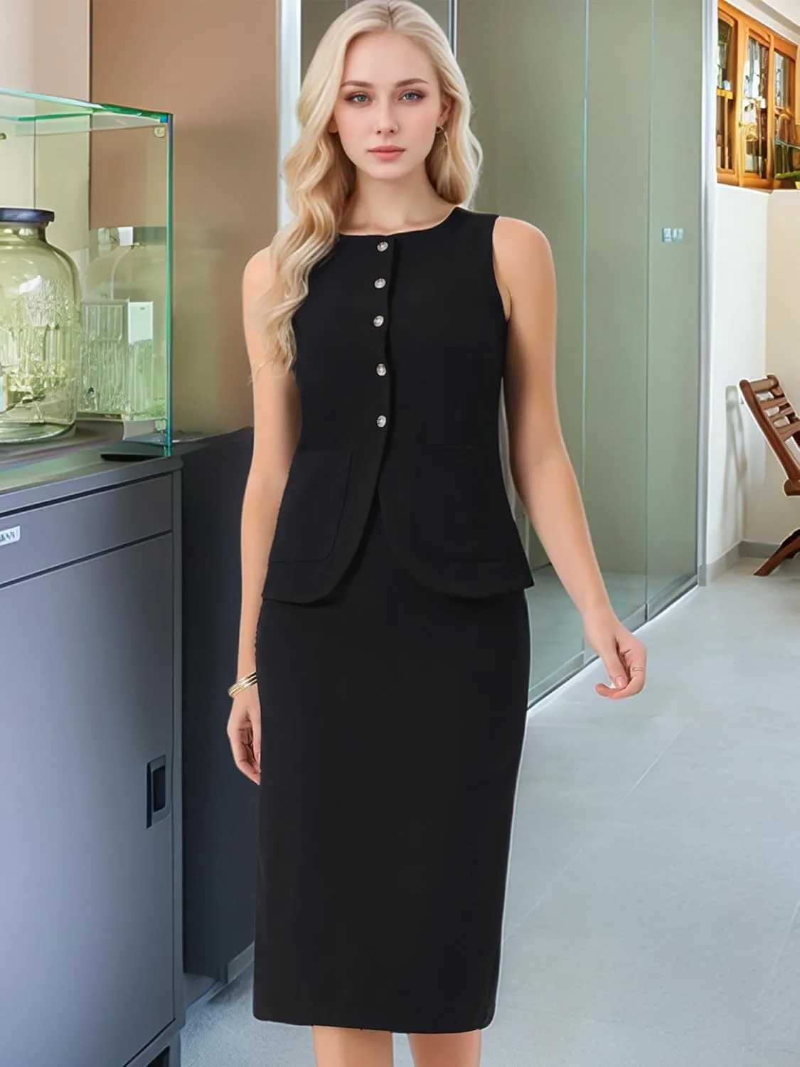 Seta T Women's Summer 2 Piece Suit Skirt Set Business Work Set Button Down Sleeveless Vest Blazer and Pencil Skirt
