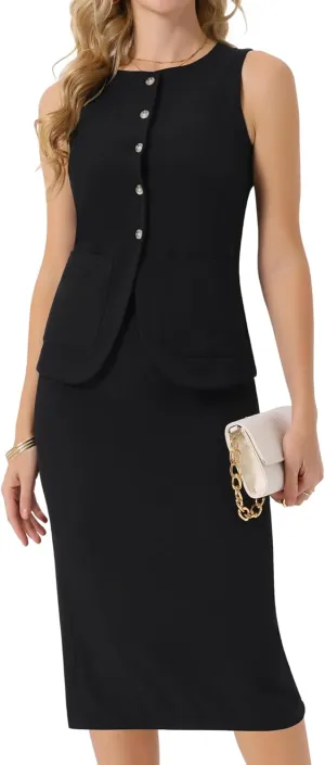 Seta T Women's Summer 2 Piece Suit Skirt Set Business Work Set Button Down Sleeveless Vest Blazer and Pencil Skirt