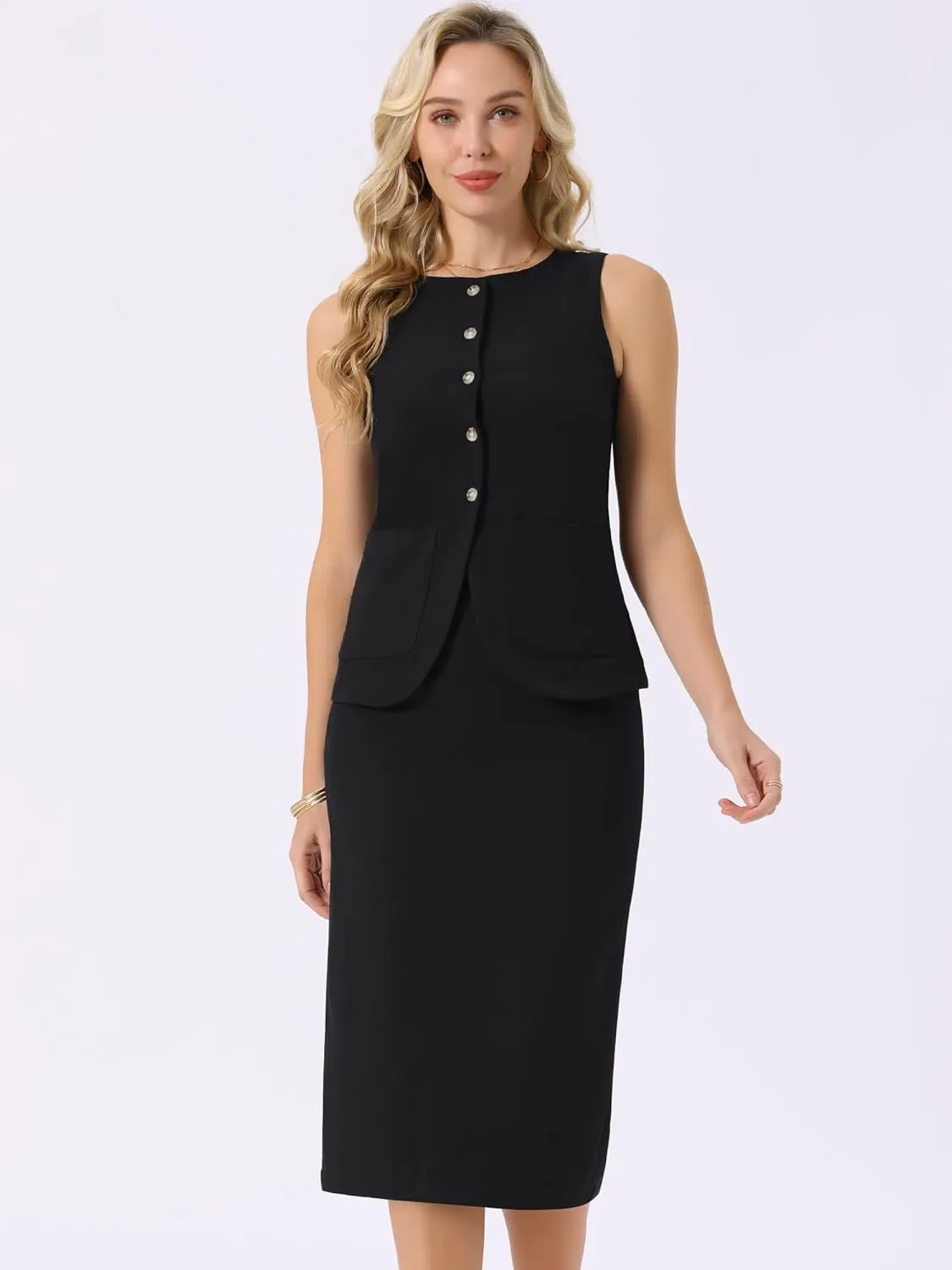 Seta T Women's Summer 2 Piece Suit Skirt Set Business Work Set Button Down Sleeveless Vest Blazer and Pencil Skirt