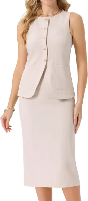 Seta T Women's Summer 2 Piece Suit Skirt Set Business Work Set Button Down Sleeveless Vest Blazer and Pencil Skirt