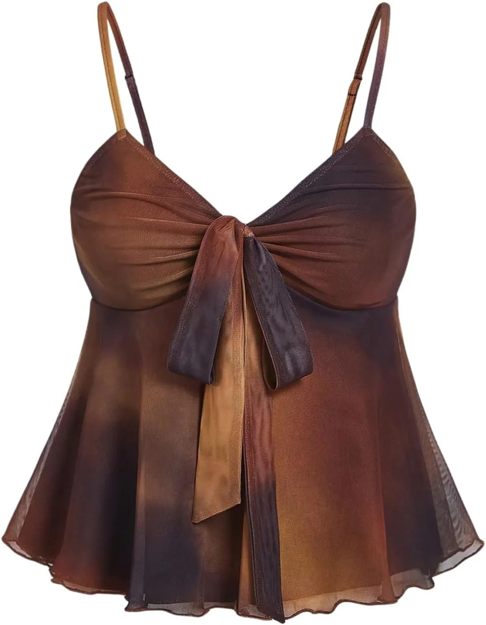 SHENHE Women's Y2k Mesh Babydoll Tank Top Bowknot Spaghetti Strap Tie Dye Peplum Camisole