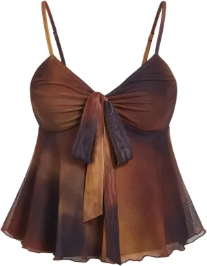 SHENHE Women's Y2k Mesh Babydoll Tank Top Bowknot Spaghetti Strap Tie Dye Peplum Camisole