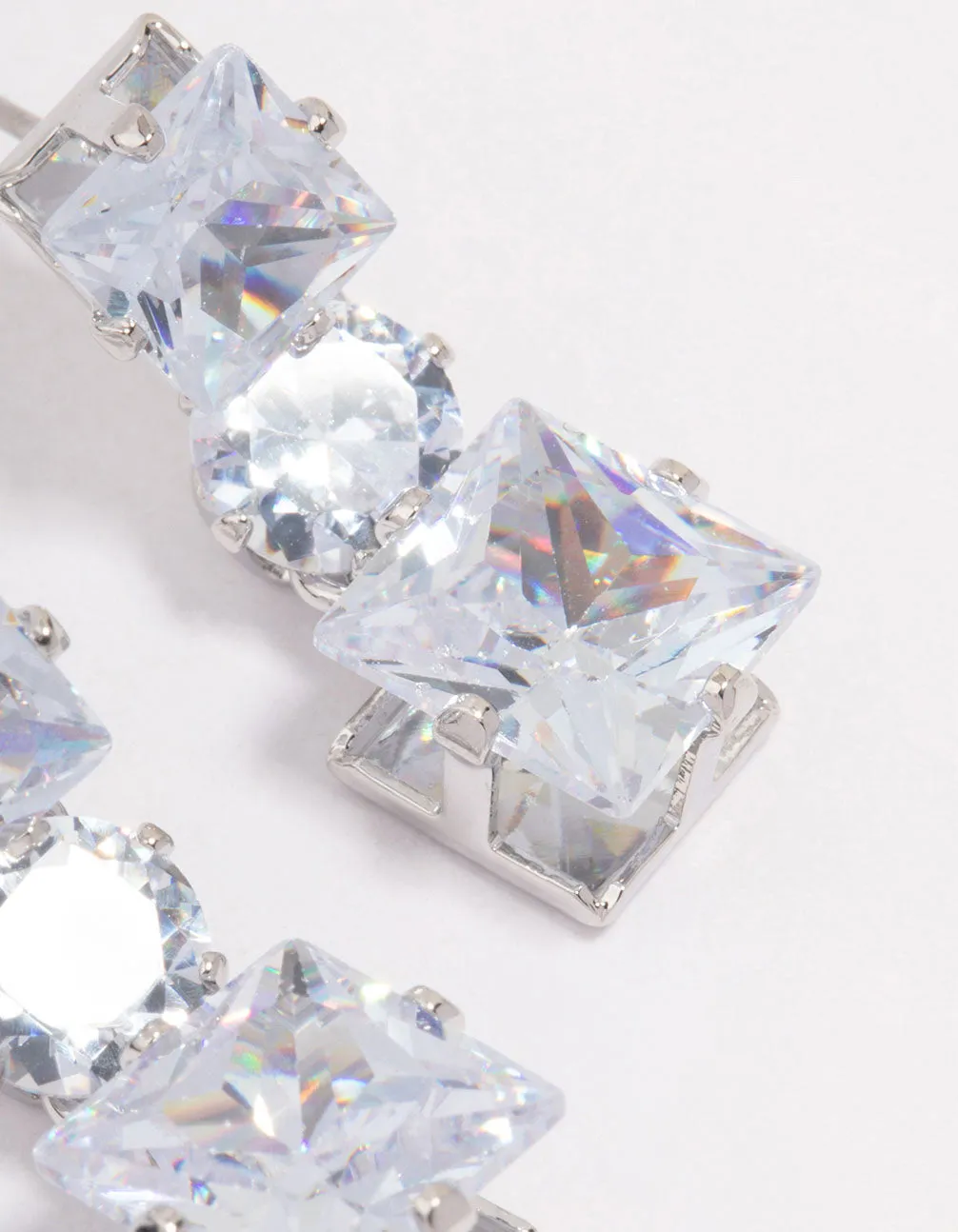 Silver Triple Cubic Zirconia Square Drop Earrings