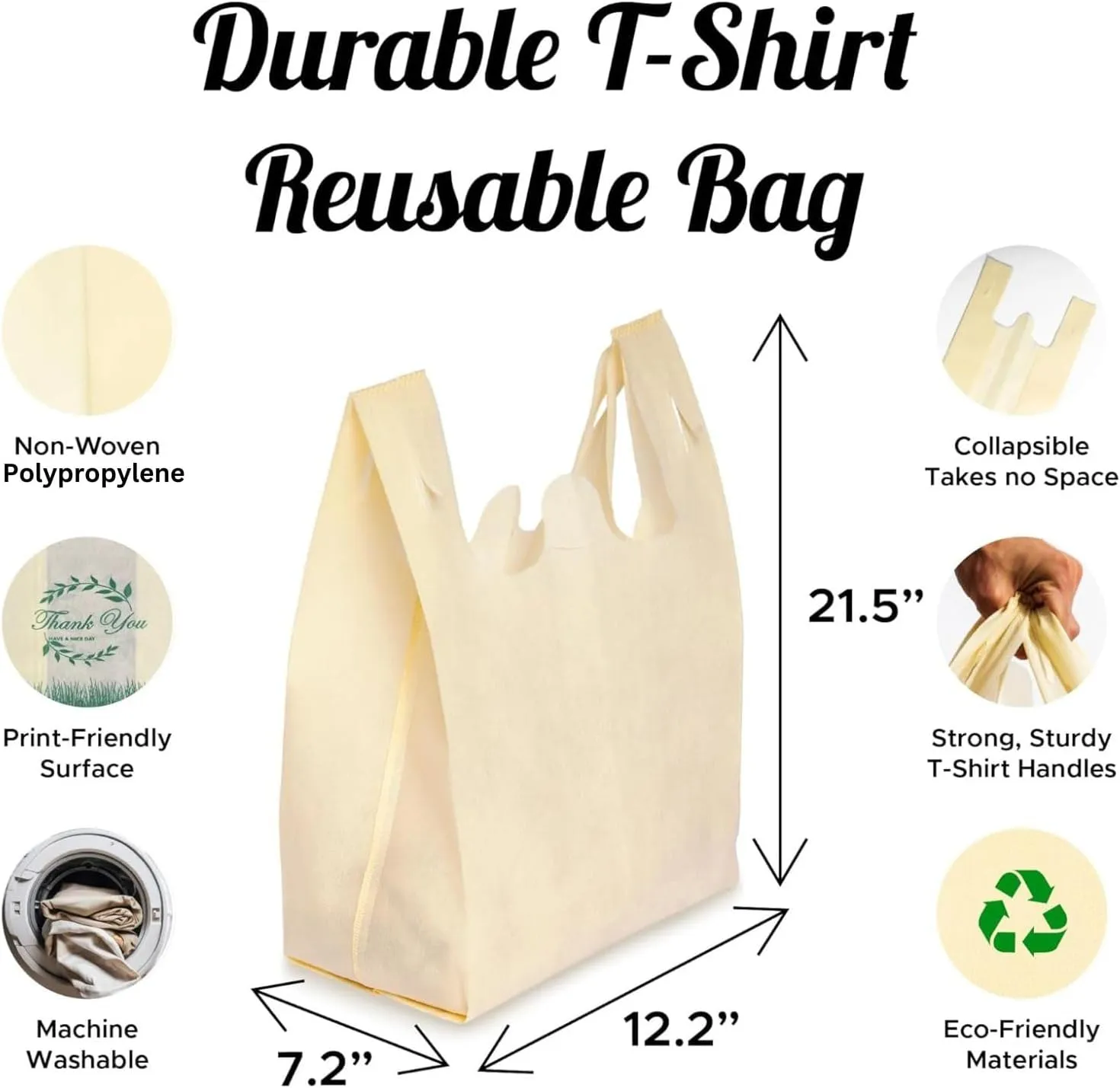Simply Cool 300 Pack Reusable Eco-Friendly Grocery T-Shirt Shopping Bags 21.5x12.2x7.2 Durable Recyclable Washable Foldable Portable Tote Bags Bulk