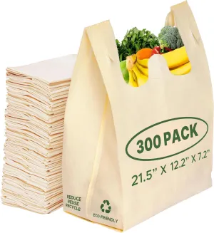 Simply Cool 300 Pack Reusable Eco-Friendly Grocery T-Shirt Shopping Bags 21.5x12.2x7.2 Durable Recyclable Washable Foldable Portable Tote Bags Bulk