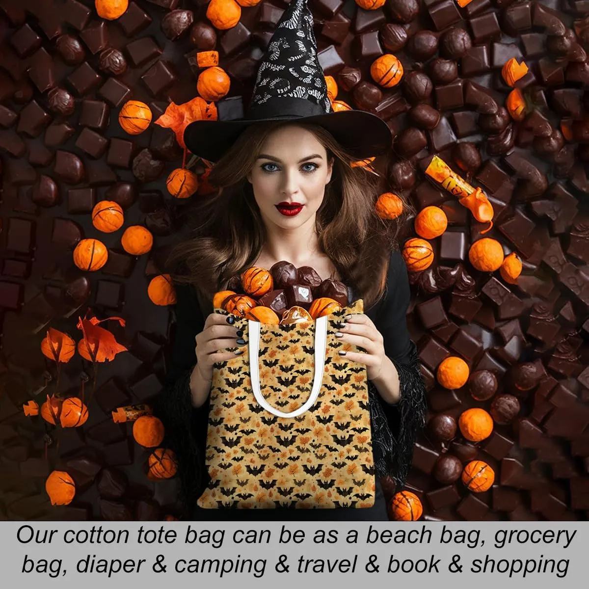 Single-Side Printed Fall Halloween Canvas Tote Bag for Women Pumpkin Autumn Thanksgiving Reusable Grocery Bags