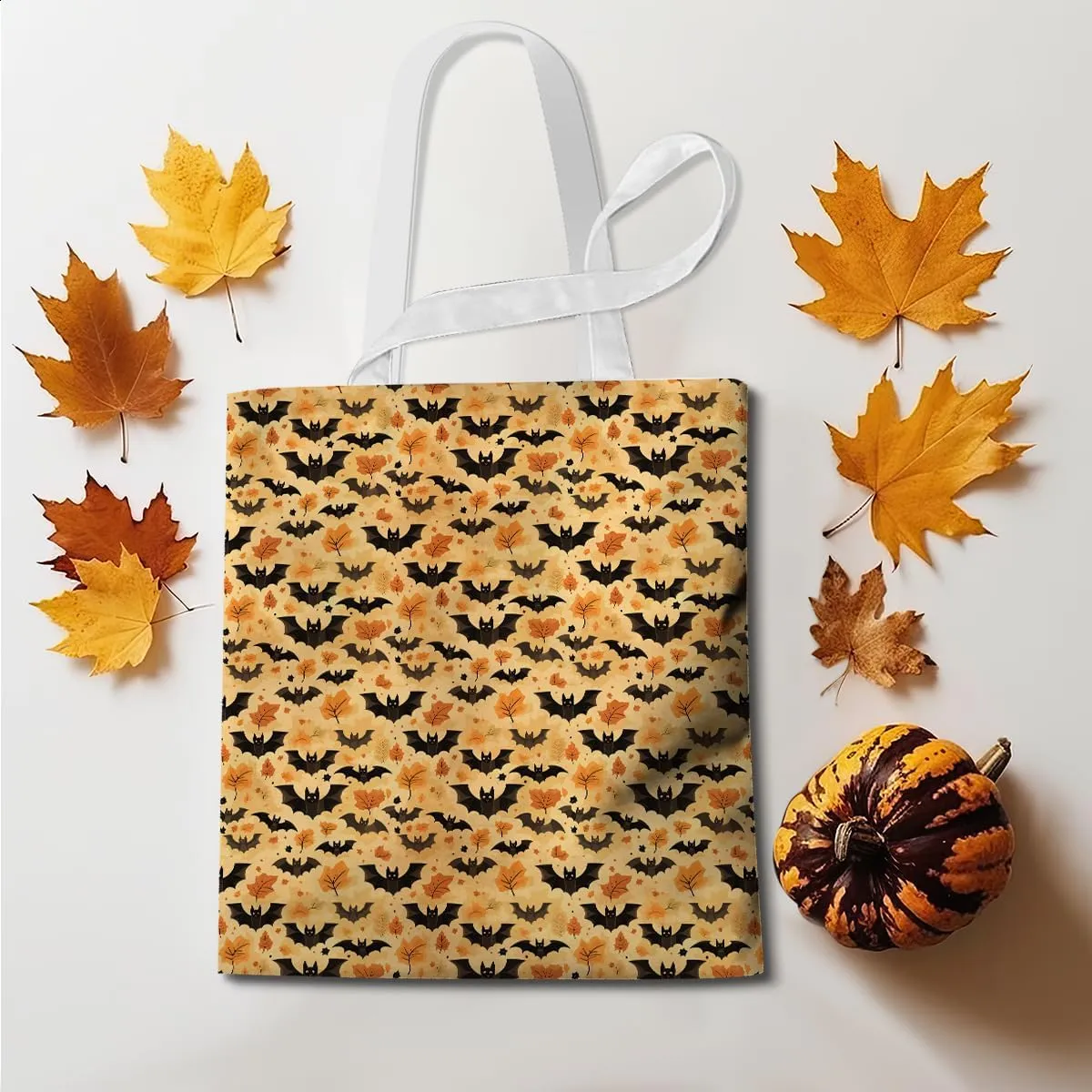 Single-Side Printed Fall Halloween Canvas Tote Bag for Women Pumpkin Autumn Thanksgiving Reusable Grocery Bags