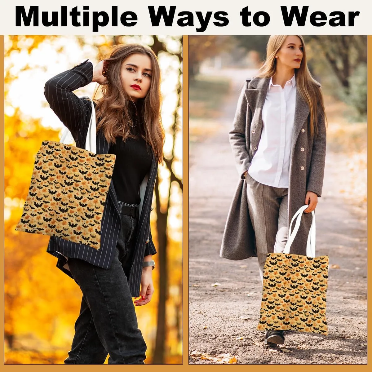 Single-Side Printed Fall Halloween Canvas Tote Bag for Women Pumpkin Autumn Thanksgiving Reusable Grocery Bags