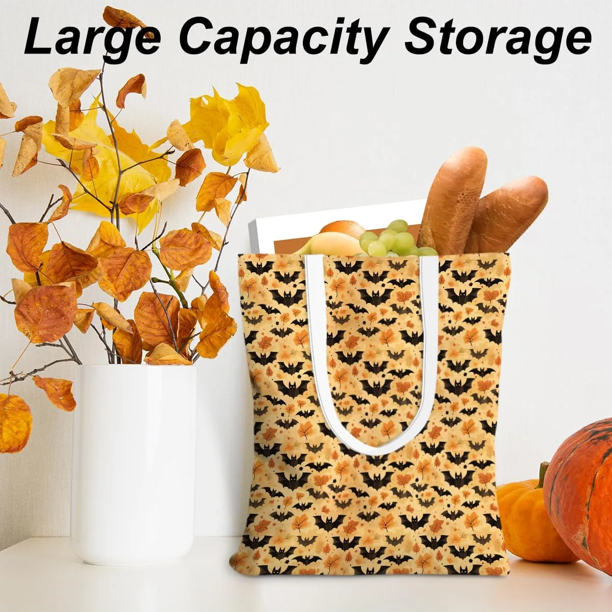 Single-Side Printed Fall Halloween Canvas Tote Bag for Women Pumpkin Autumn Thanksgiving Reusable Grocery Bags