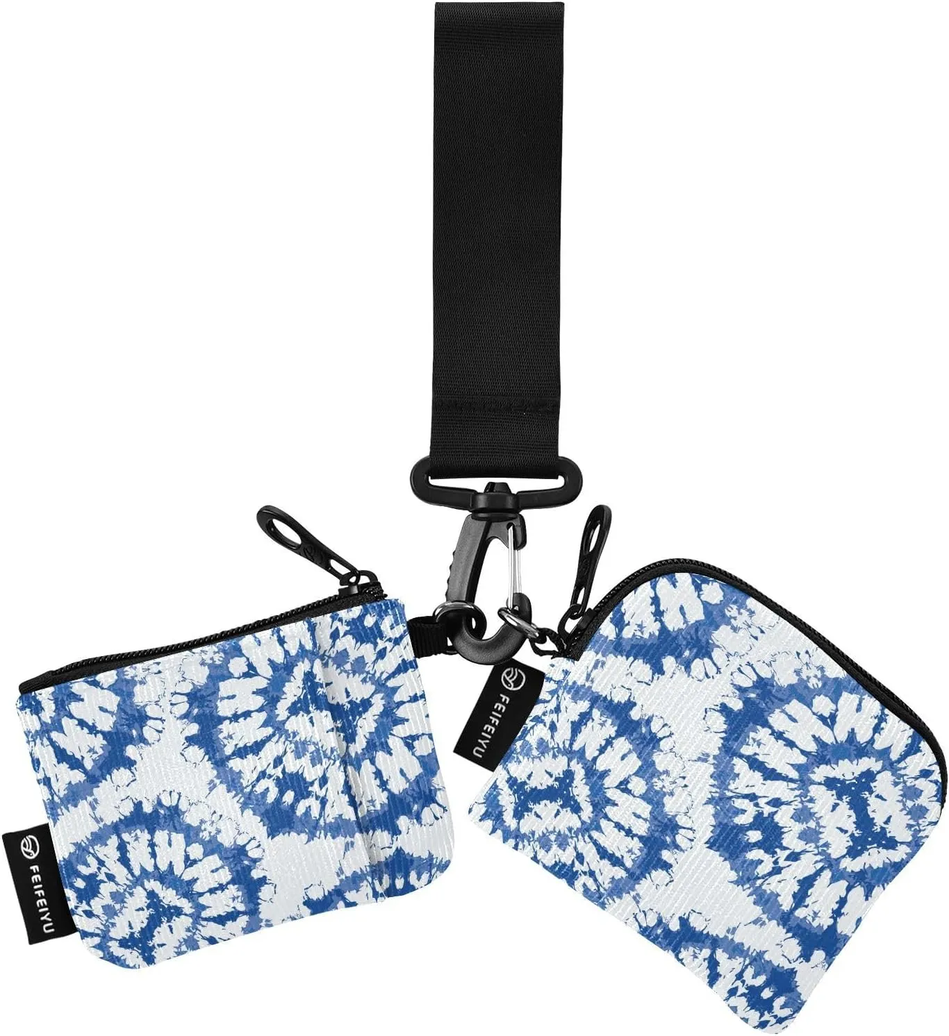 Small Wallet for Women Blue and White Tie Dye Zip Around Dual Pouch Wristlet Wallets for Women Portable Card Wallet