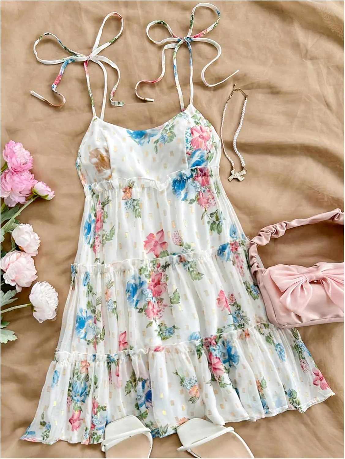 SOLY HUX Women's Floral Print Frill Ruffle Dress Tie Shoulder Scoop Neck Shirred Vacation Mini Dresses