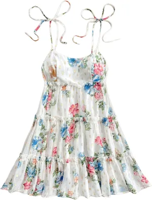 SOLY HUX Women's Floral Print Frill Ruffle Dress Tie Shoulder Scoop Neck Shirred Vacation Mini Dresses