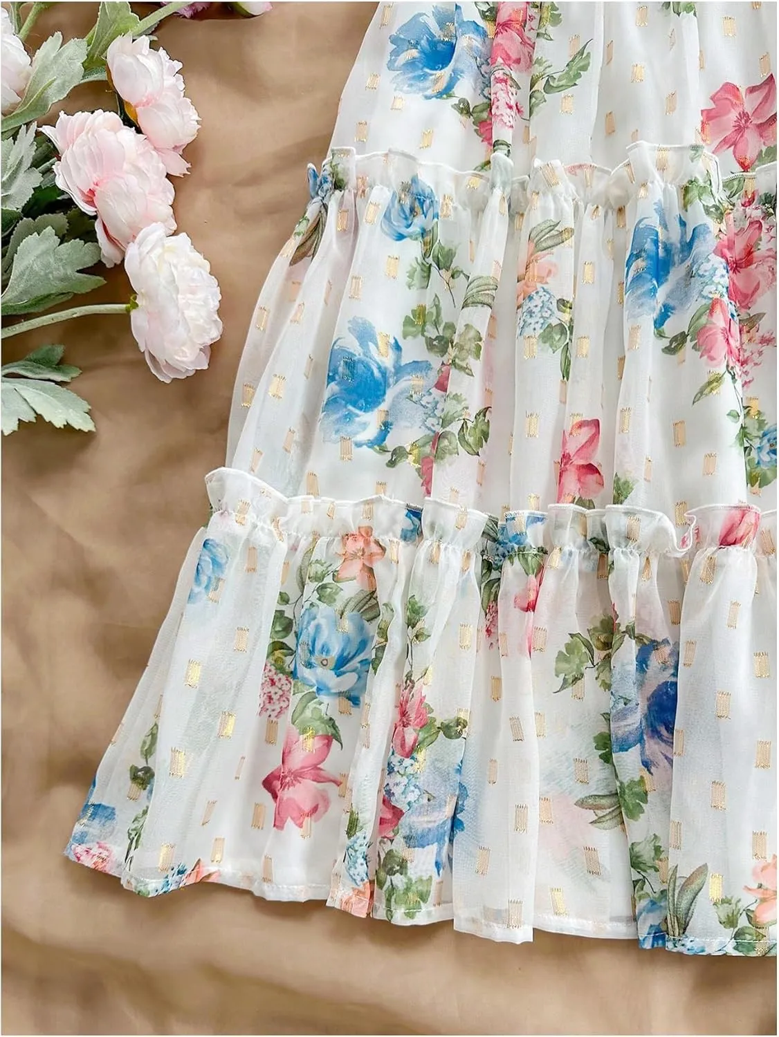 SOLY HUX Women's Floral Print Frill Ruffle Dress Tie Shoulder Scoop Neck Shirred Vacation Mini Dresses