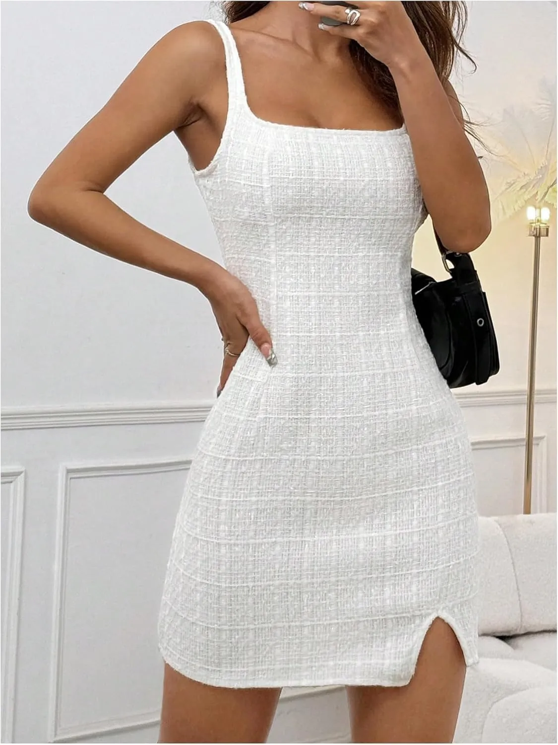 SOLY HUX Women's Mini Dress Square Neck Sleeveless Split Bodycon Tank Dresses
