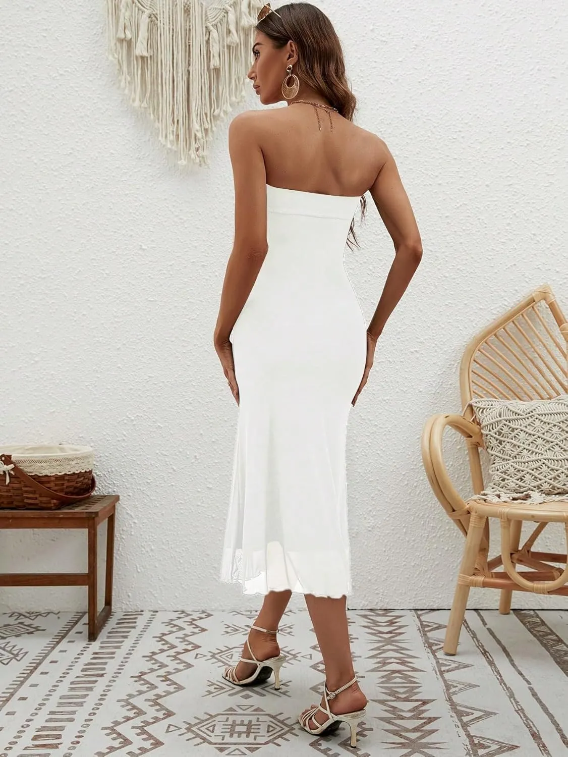 SOLY HUX Women's Strapless Midi Dress Tube Top Off Shoulder Sleeveless Fitted Cocktail Club Party Formal Long Dresses