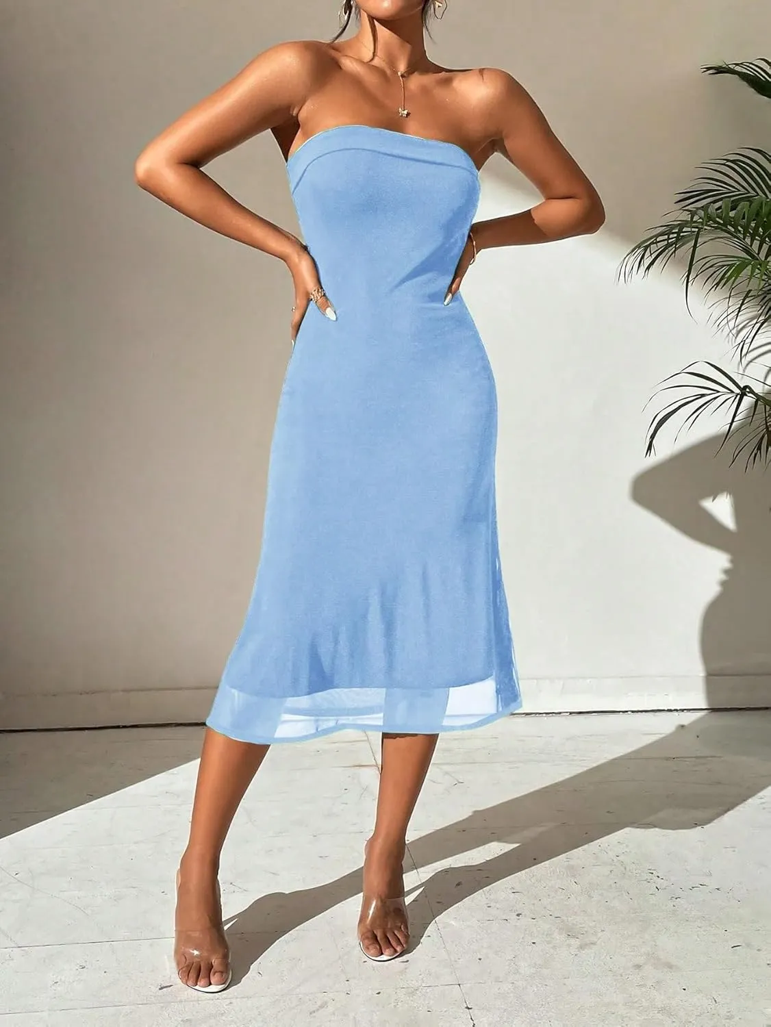SOLY HUX Women's Strapless Midi Dress Tube Top Off Shoulder Sleeveless Fitted Cocktail Club Party Formal Long Dresses