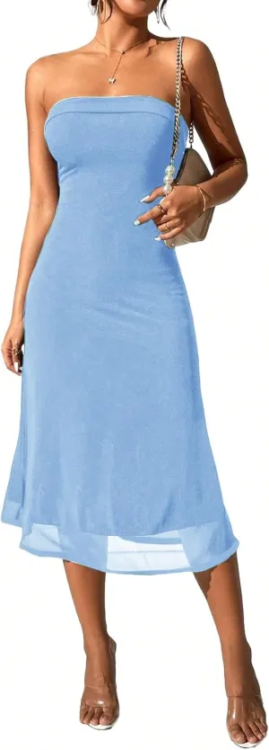 SOLY HUX Women's Strapless Midi Dress Tube Top Off Shoulder Sleeveless Fitted Cocktail Club Party Formal Long Dresses