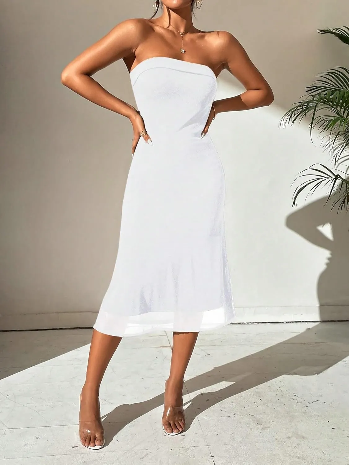 SOLY HUX Women's Strapless Midi Dress Tube Top Off Shoulder Sleeveless Fitted Cocktail Club Party Formal Long Dresses