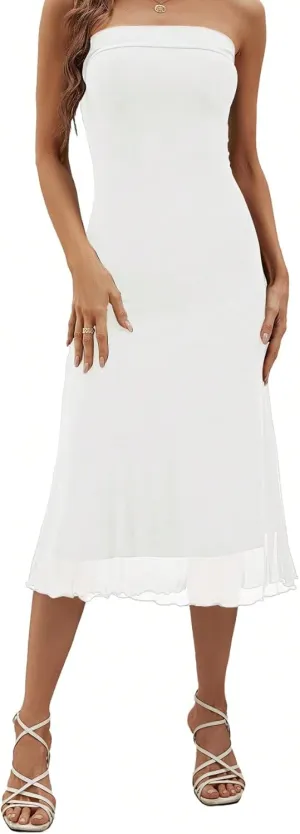 SOLY HUX Women's Strapless Midi Dress Tube Top Off Shoulder Sleeveless Fitted Cocktail Club Party Formal Long Dresses