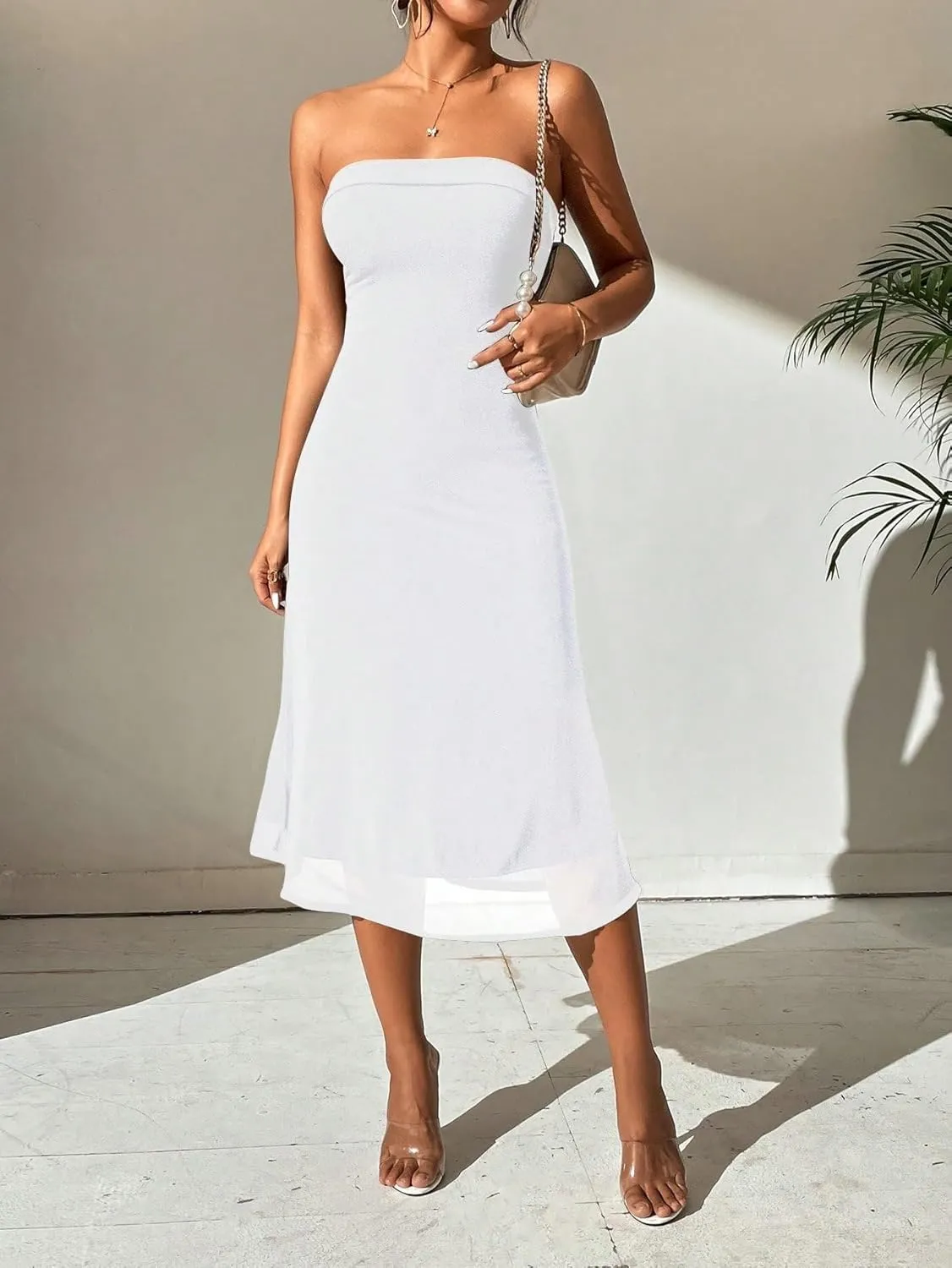 SOLY HUX Women's Strapless Midi Dress Tube Top Off Shoulder Sleeveless Fitted Cocktail Club Party Formal Long Dresses