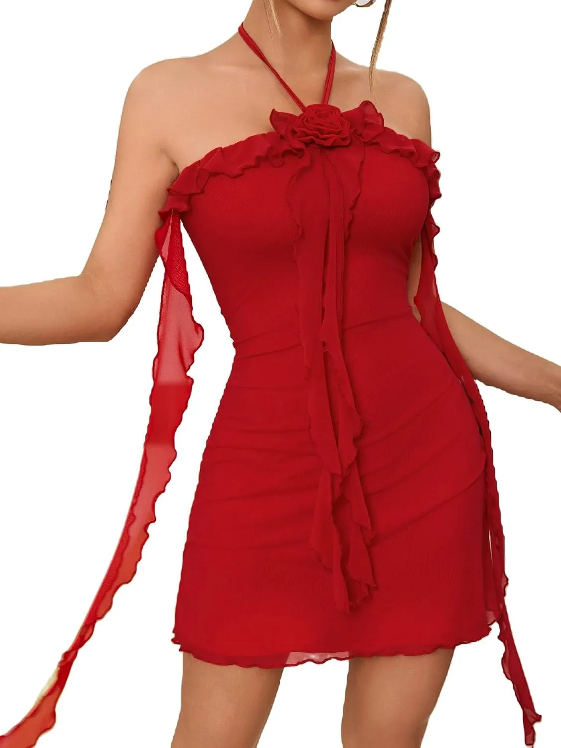 SOLY HUX Women's Summer Dresses Halter Bodycon Irregular Ruffle Trim 3D Flower Cami Mini Party Club Dress