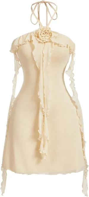 SOLY HUX Women's Summer Dresses Halter Bodycon Irregular Ruffle Trim 3D Flower Cami Mini Party Club Dress