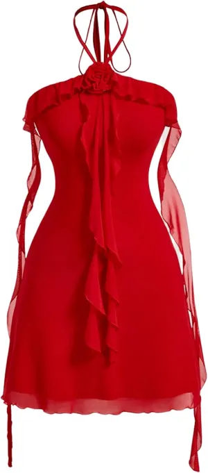 SOLY HUX Women's Summer Dresses Halter Bodycon Irregular Ruffle Trim 3D Flower Cami Mini Party Club Dress