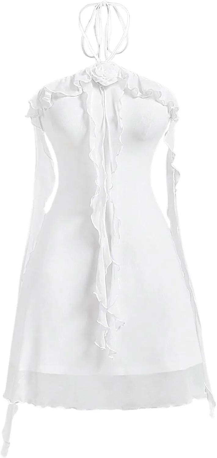 SOLY HUX Women's Summer Dresses Halter Bodycon Irregular Ruffle Trim 3D Flower Cami Mini Party Club Dress
