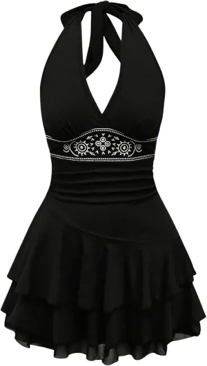 SOLY HUX Women's Summer Halter Backless Mini Dress Flowy Sleeveless V Neck Tie Back A Line Western Casual Sun Dresses