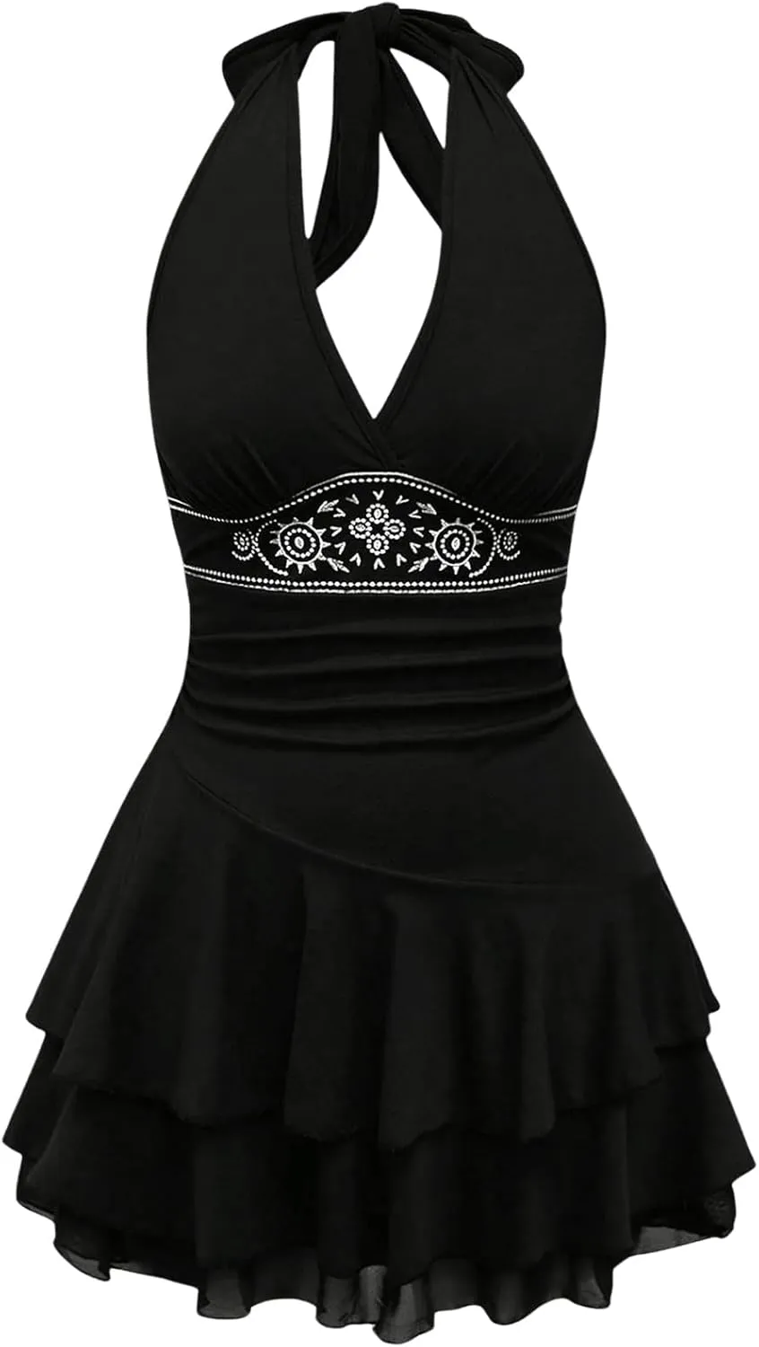 SOLY HUX Women's Summer Halter Backless Mini Dress Flowy Sleeveless V Neck Tie Back A Line Western Casual Sun Dresses