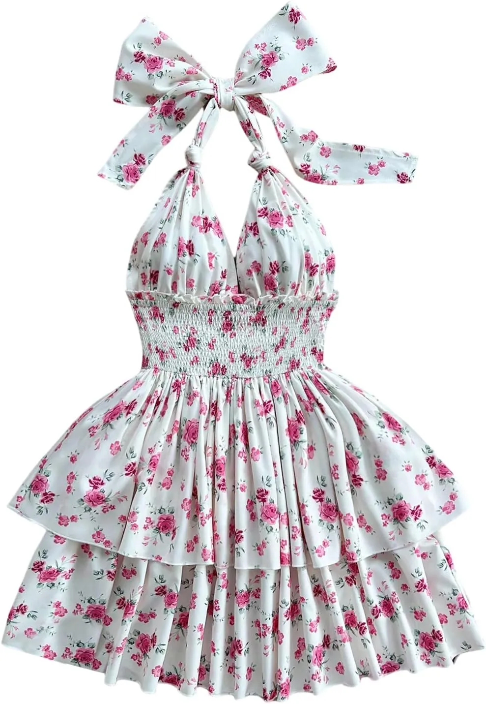 SOLY HUX Women's Sundresses Boho Halter V Neck Backless Ruffle Flowy Summer Beach Mini Dress