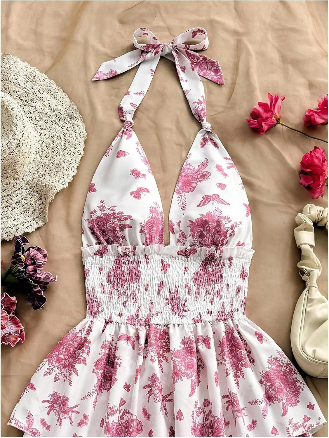 SOLY HUX Women's Sundresses Boho Halter V Neck Backless Ruffle Flowy Summer Beach Mini Dress
