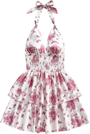 SOLY HUX Women's Sundresses Boho Halter V Neck Backless Ruffle Flowy Summer Beach Mini Dress