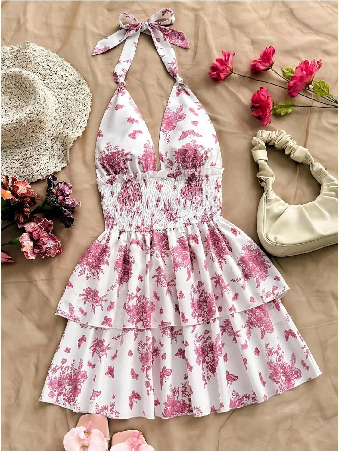 SOLY HUX Women's Sundresses Boho Halter V Neck Backless Ruffle Flowy Summer Beach Mini Dress