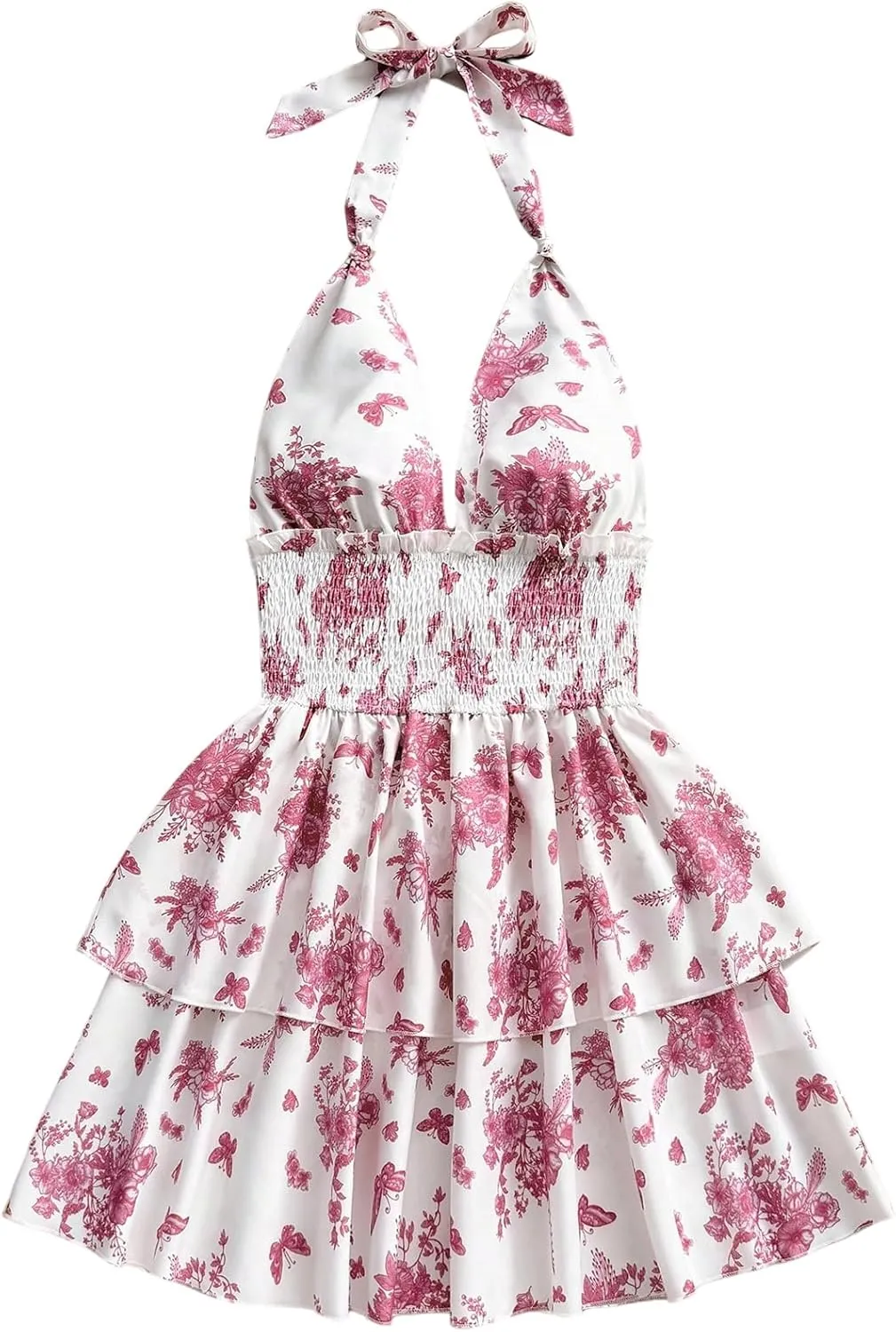SOLY HUX Women's Sundresses Boho Halter V Neck Backless Ruffle Flowy Summer Beach Mini Dress