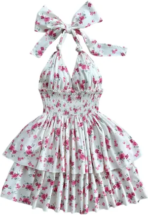 SOLY HUX Women's Sundresses Boho Halter V Neck Backless Ruffle Flowy Summer Beach Mini Dress