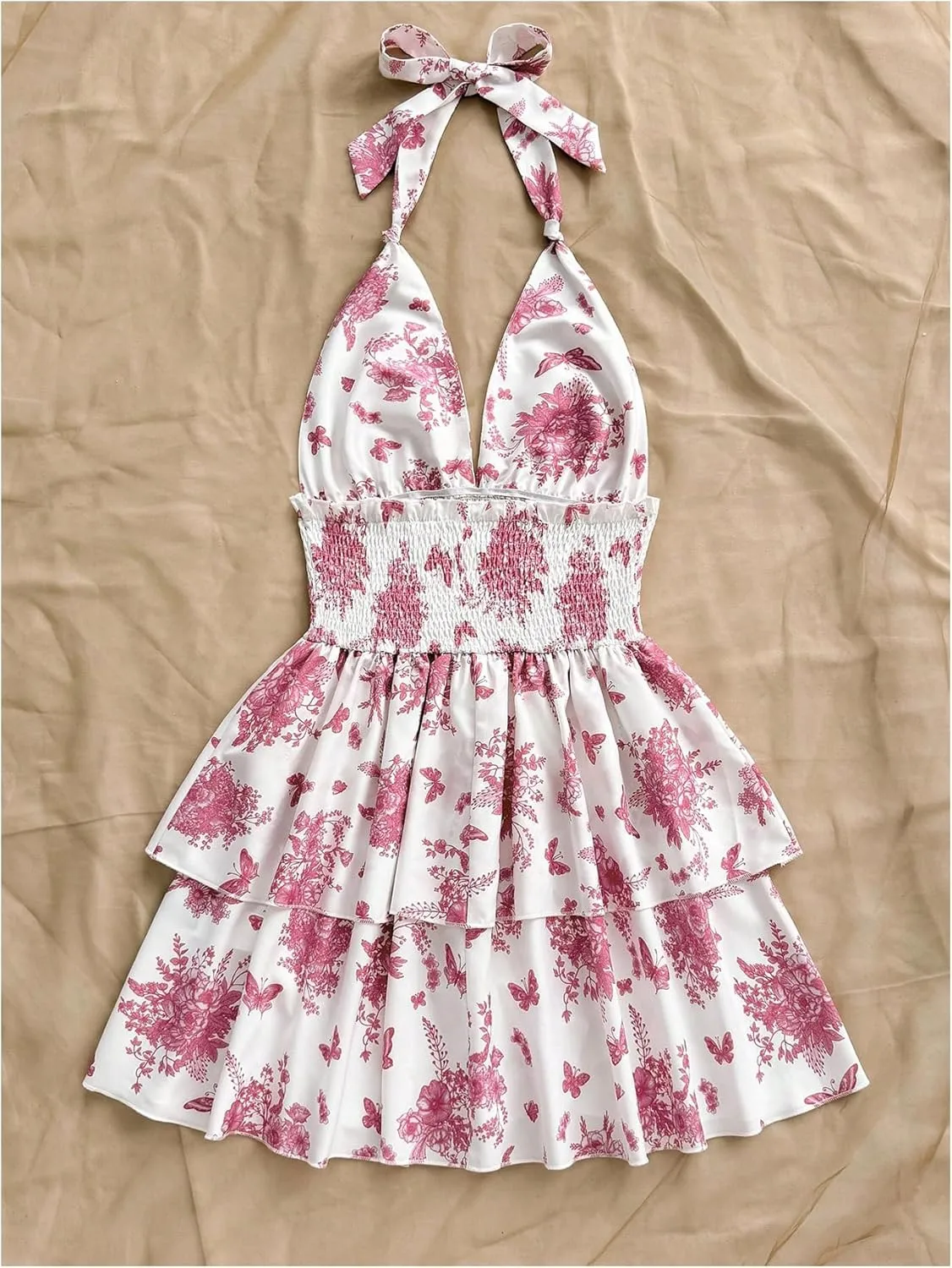 SOLY HUX Women's Sundresses Boho Halter V Neck Backless Ruffle Flowy Summer Beach Mini Dress