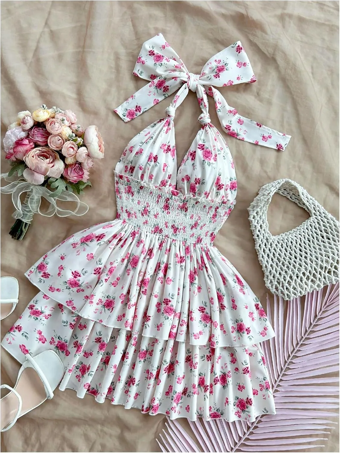 SOLY HUX Women's Sundresses Boho Halter V Neck Backless Ruffle Flowy Summer Beach Mini Dress