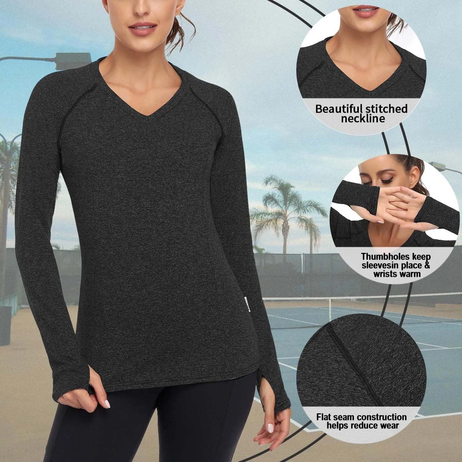 Soneven Women's Thermal Fleece Running Shirts Compression Shirts Quick Dry Workout Pullover Tops with Thumb Holes