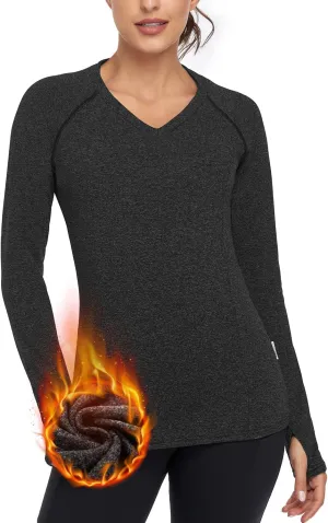 Soneven Women's Thermal Fleece Running Shirts Compression Shirts Quick Dry Workout Pullover Tops with Thumb Holes