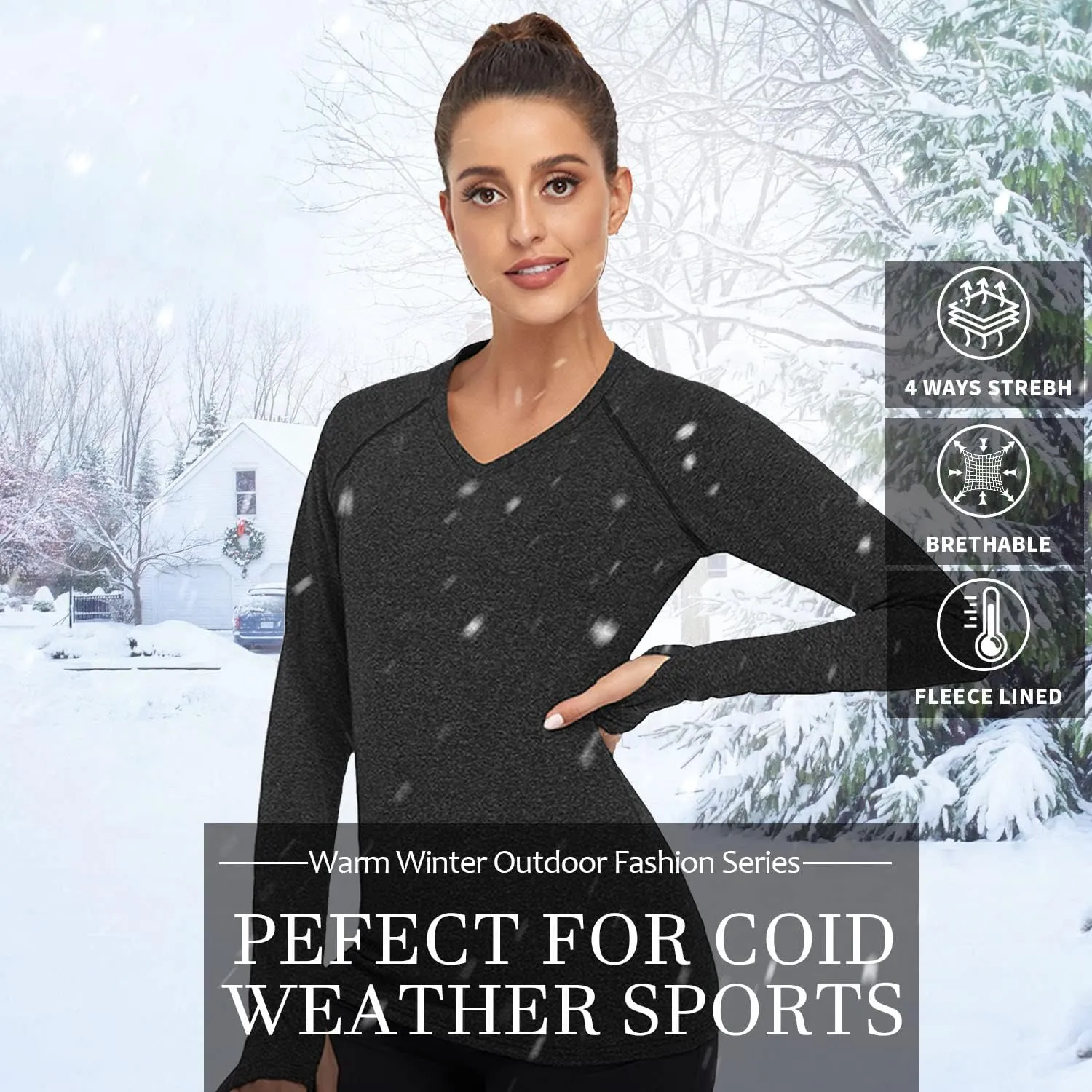 Soneven Women's Thermal Fleece Running Shirts Compression Shirts Quick Dry Workout Pullover Tops with Thumb Holes