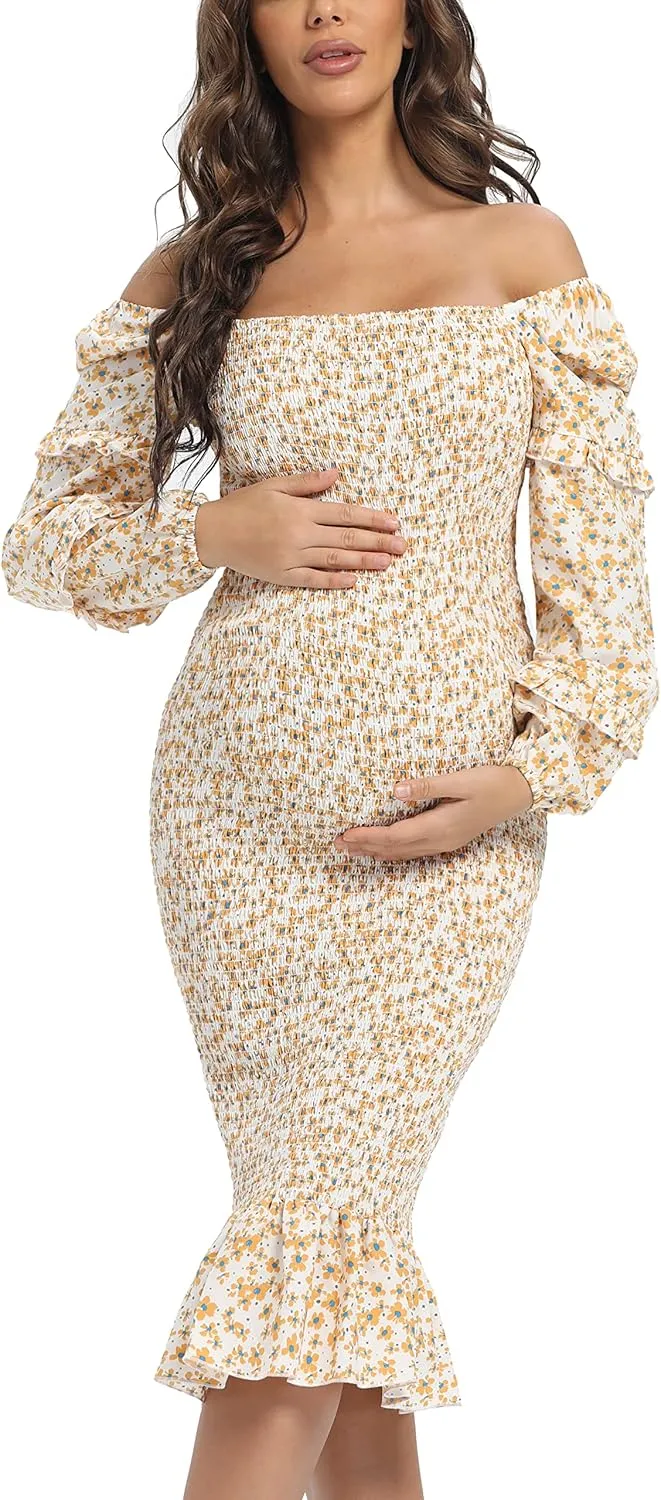 Spring Long Puff Sleeve Maternity Dress Floral Ruffle Hem Mermaid Baby Shower/Photoshoot Dress