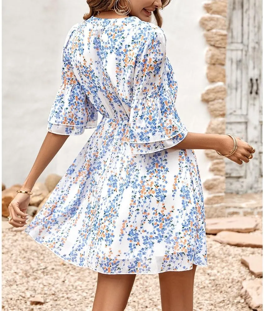 Summer Casual Women's V Neck Short-Sleeved Mini Dress Printed high-Waisted Ruffle Flutter A-line Dress
