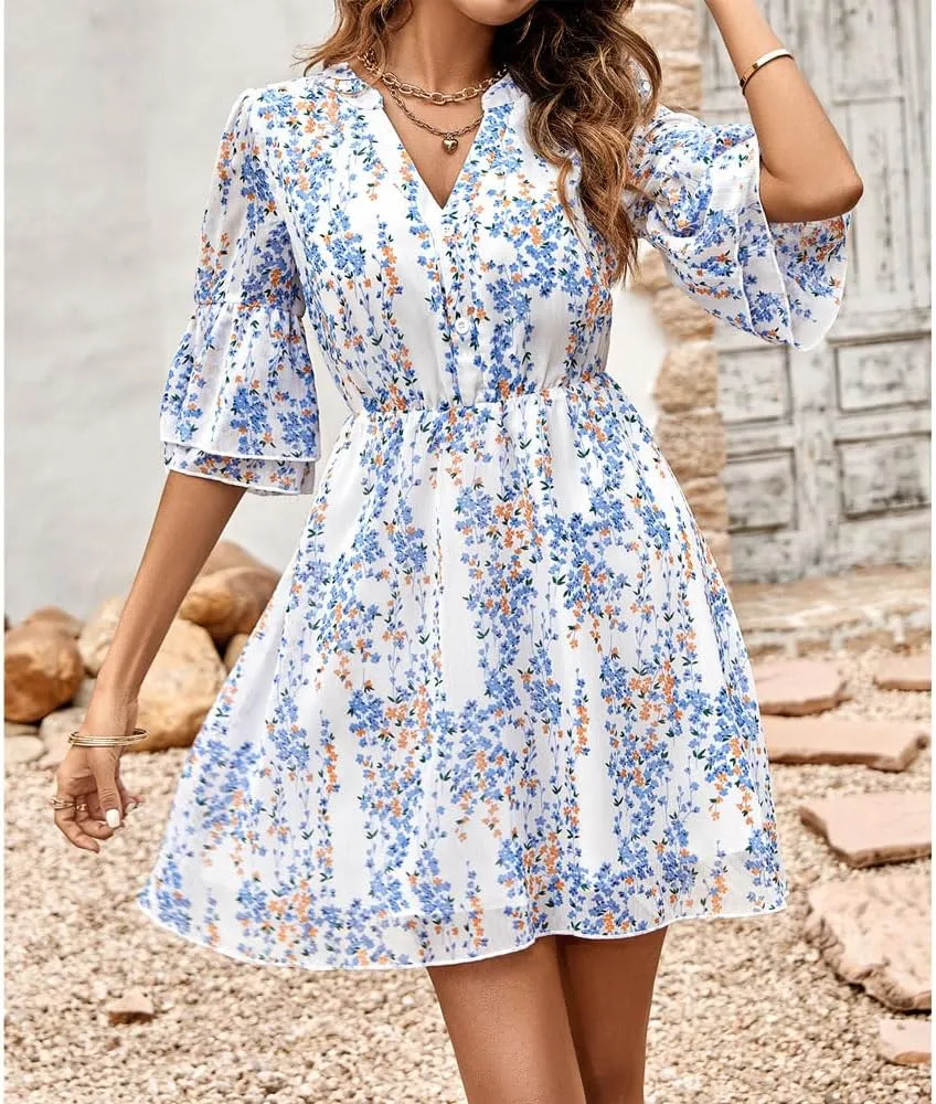 Summer Casual Women's V Neck Short-Sleeved Mini Dress Printed high-Waisted Ruffle Flutter A-line Dress