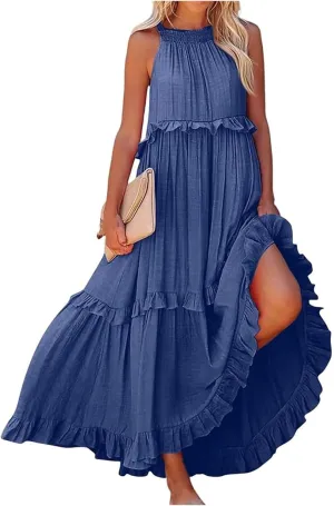 Summer Dresses for Women 2025 Casual Sleeveless Halter Neck Maxi Dress Plus Size Loose Flowy Ruffle Beach Sundresses