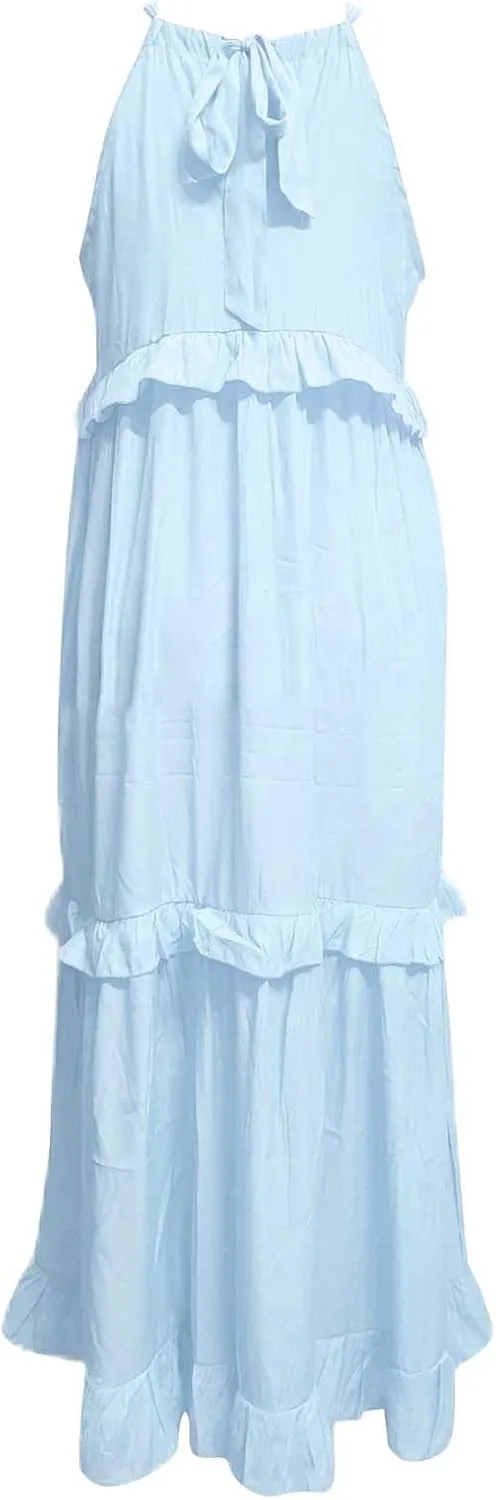 Summer Dresses for Women 2025 Casual Sleeveless Halter Neck Maxi Dress Plus Size Loose Flowy Ruffle Beach Sundresses