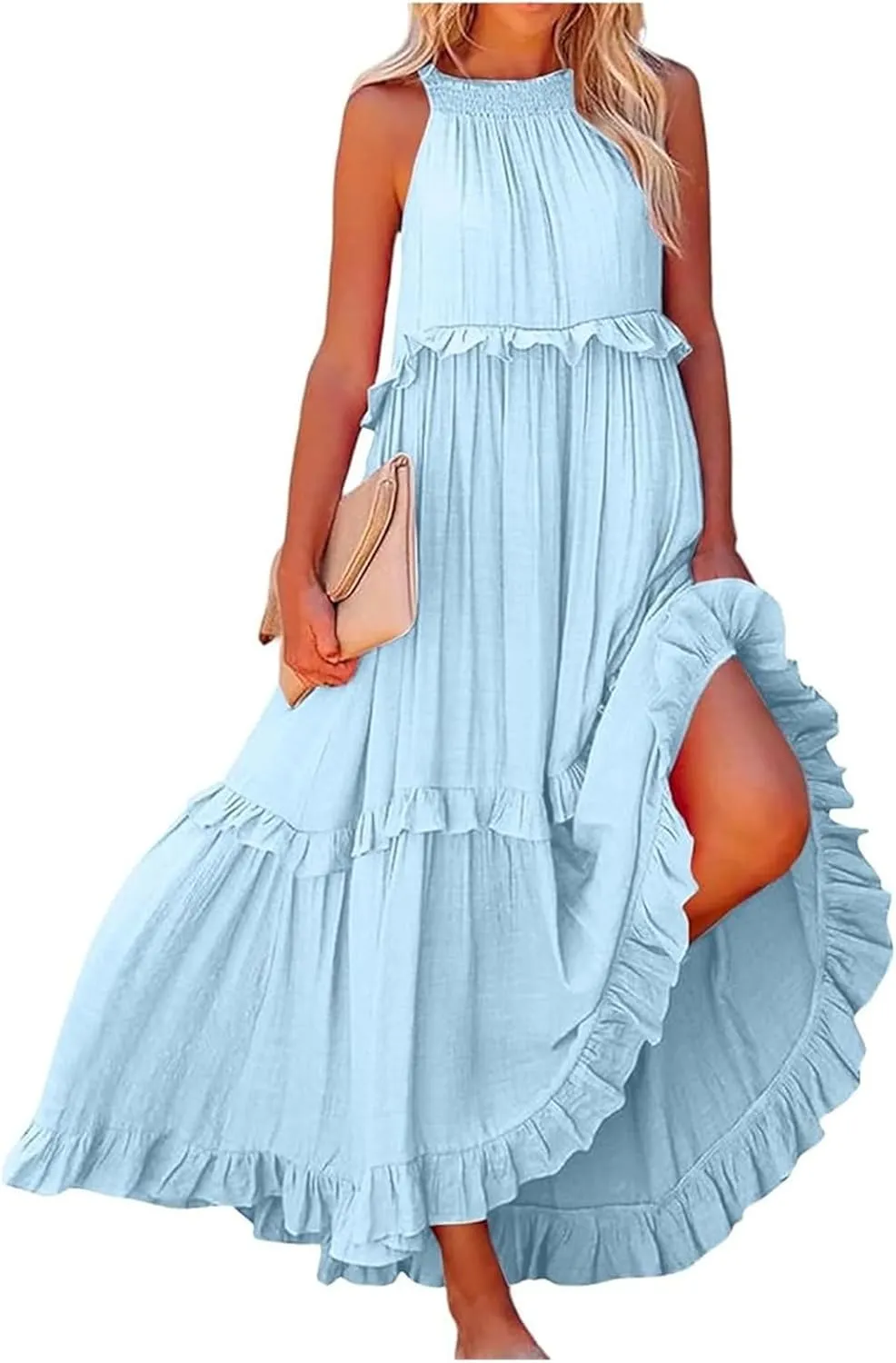 Summer Dresses for Women 2025 Casual Sleeveless Halter Neck Maxi Dress Plus Size Loose Flowy Ruffle Beach Sundresses