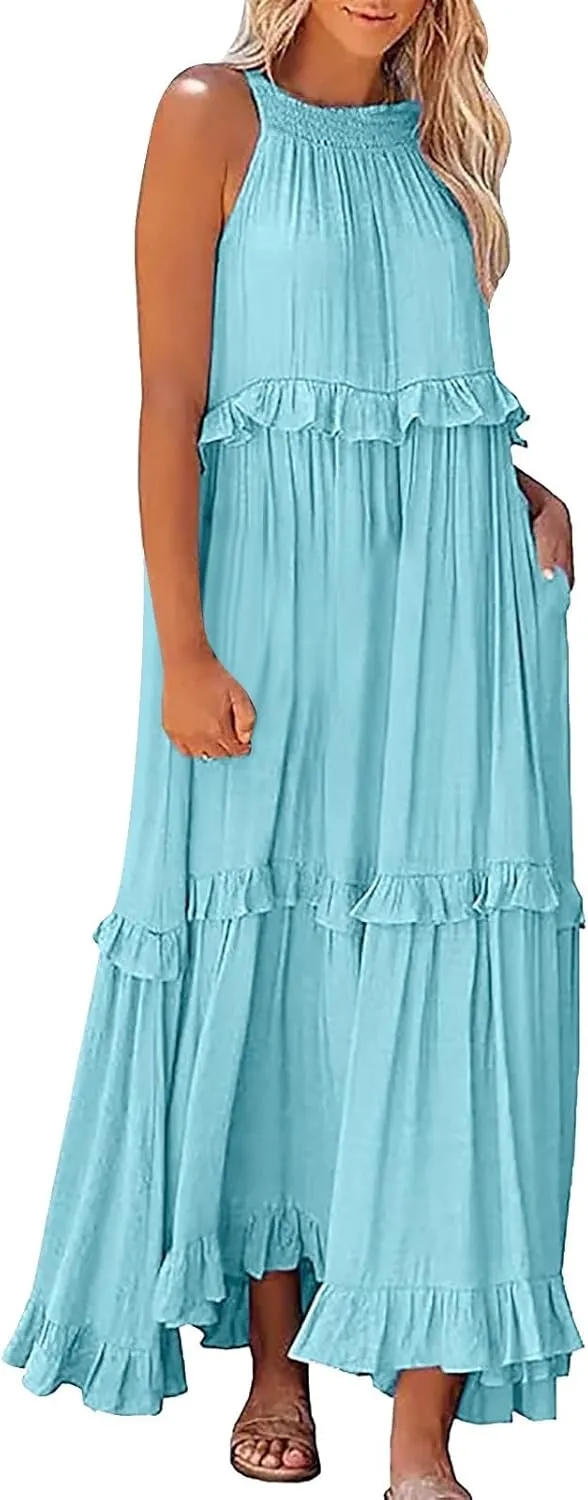 Summer Dresses for Women 2025 Casual Sleeveless Halter Neck Maxi Dress Plus Size Loose Flowy Ruffle Beach Sundresses